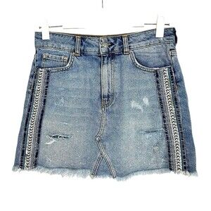 Free People Denim Skirt Women Size 4 Light Wash Embellished Trim Mini Distressed